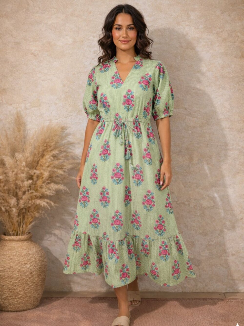 Floral Hand Block Print Kyra Midi Dress, Bohemian Cotton Dress, Dresses for Her